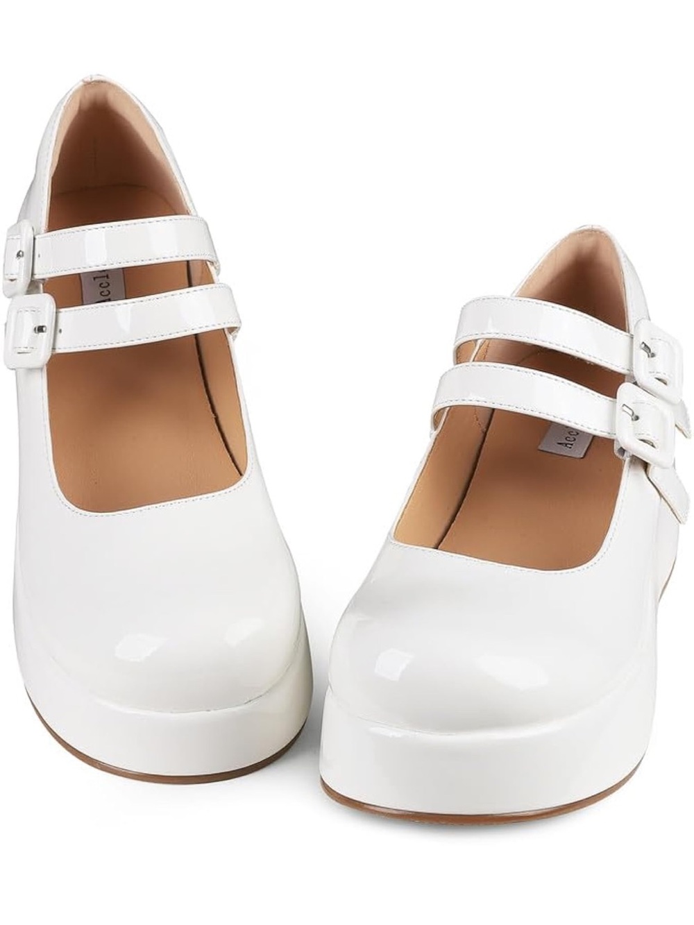 Accloris White Mary Jane Platform Chunky Heel Round Toe Pumps. 2328-1